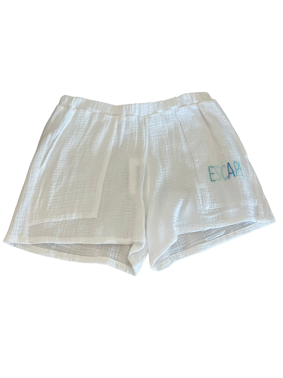 GAUZE CAMP SHORT WHITE W/ "ESCAPE" EMBROIDERY - BeachLife Concept