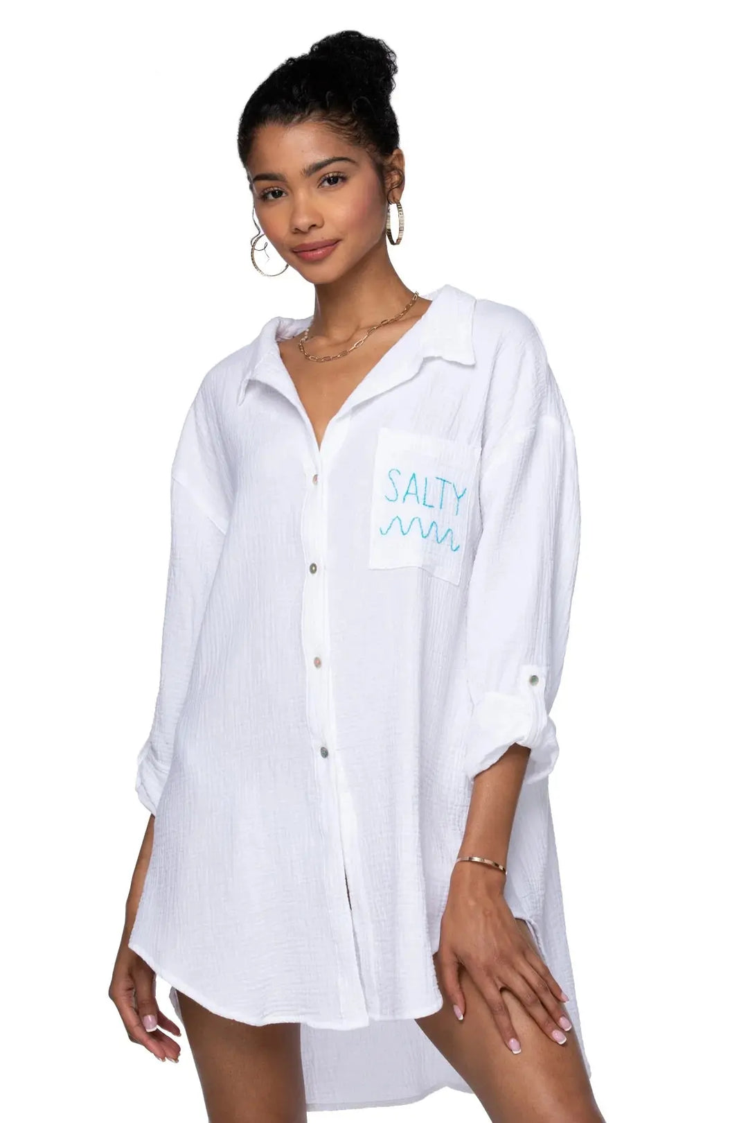 GOOD VIBES BUTTON UP WHITE W/ "ESCAPE" EMBROIDERY - BeachLife Concept