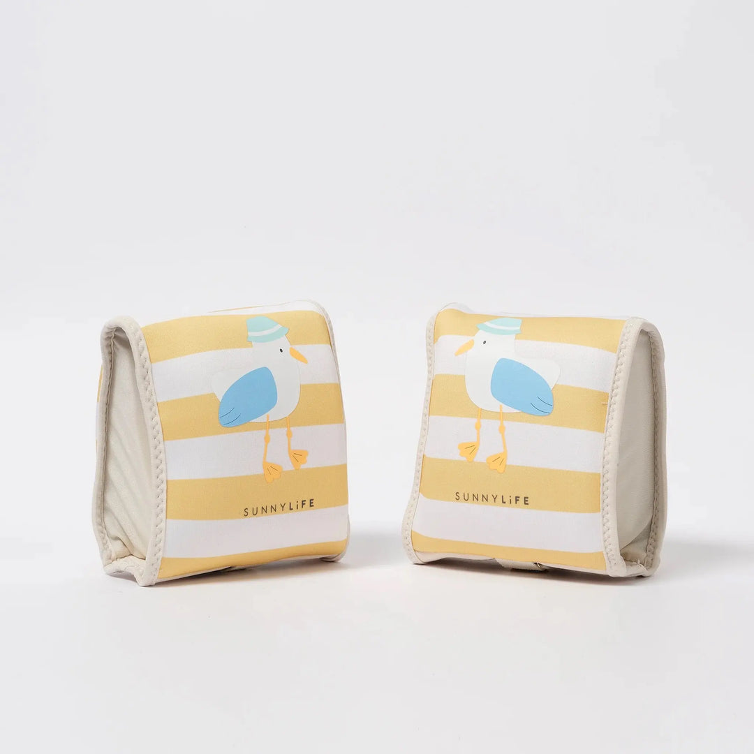 KIDS NEOPRENE ARM BANDS SAMMY THE SEAGULL MUSTARD STRIPE - BeachLife Concept