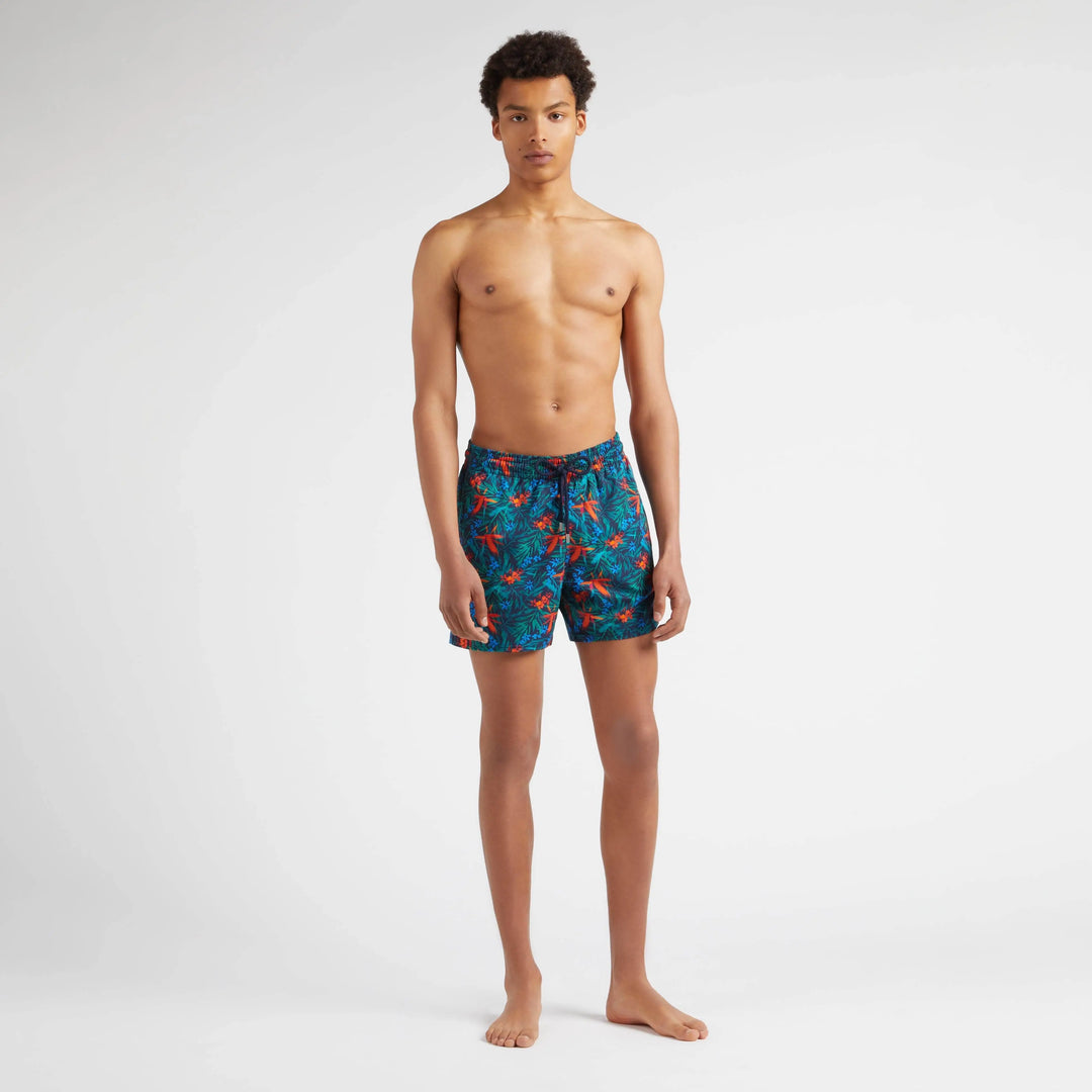 MAILLOT DE BAIN COURT STRETCH TROPICAL FLOWERS BLEU MARINE - BeachLife Concept