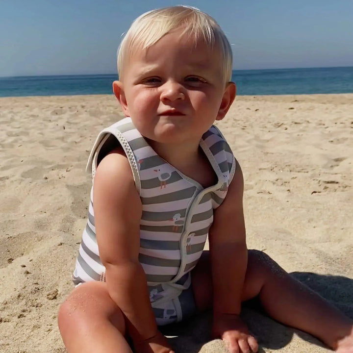 BABY WETSUIT SAMMY THE SEAGULL GREEN STRIPE SUNNYLIFE