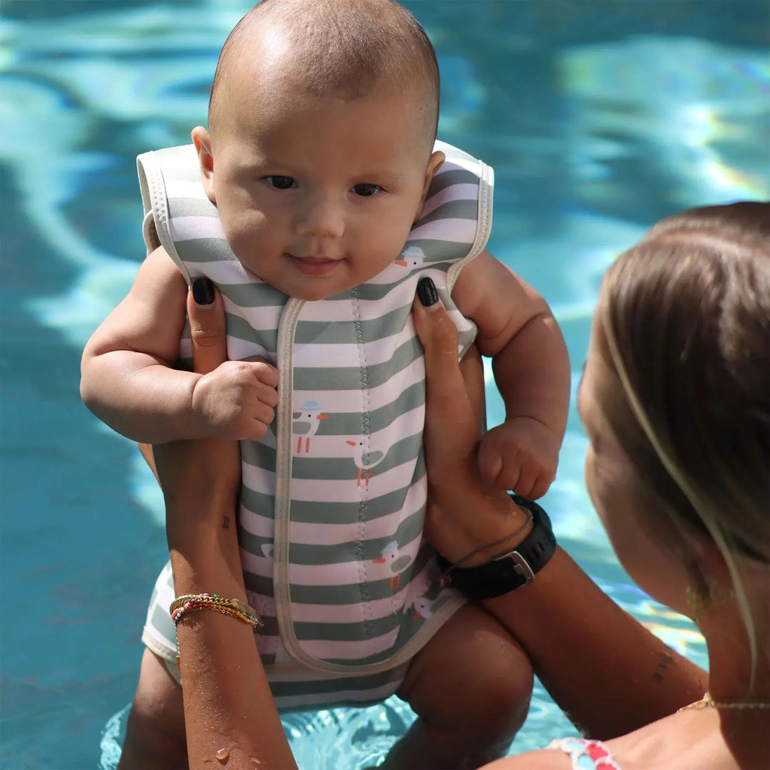 BABY WETSUIT SAMMY THE SEAGULL GREEN STRIPE SUNNYLIFE