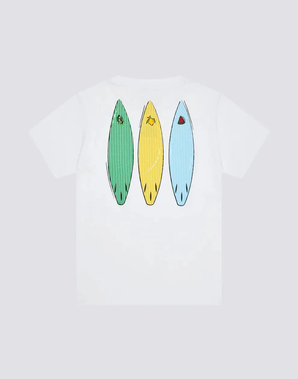 BOYS' SHORT-SLEEVED T-SHIRT WITH JUICY STRIPES SURFBOARD PRINT SUNDEK