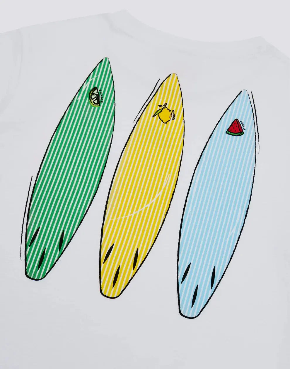 BOYS' SHORT-SLEEVED T-SHIRT WITH JUICY STRIPES SURFBOARD PRINT SUNDEK