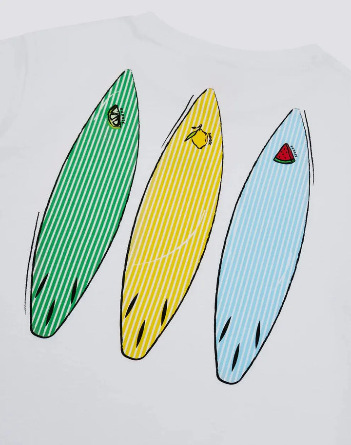 BOYS' SHORT-SLEEVED T-SHIRT WITH JUICY STRIPES SURFBOARD PRINT SUNDEK