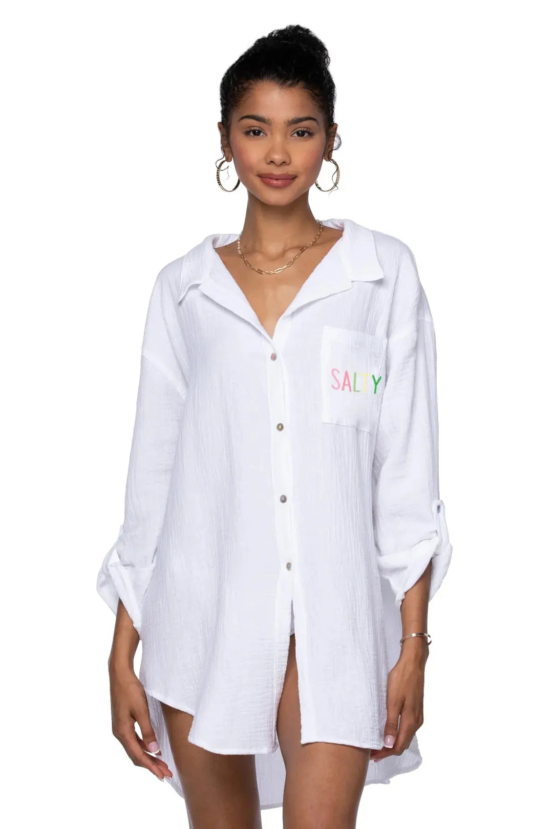GOOD VIBES BUTTON UP WHITE W/ "SALTY" EMBROIDERY - BeachLife Concept