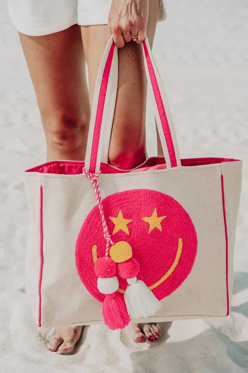 HOT PINK STAR EYE HAPPY FACE CANVAS TOTE BAG - BeachLife Concept
