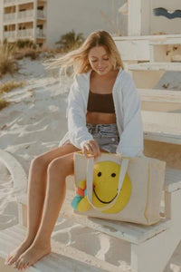 HAPPY FACE CHENILLE PATCH CANVAS TOTE BAG