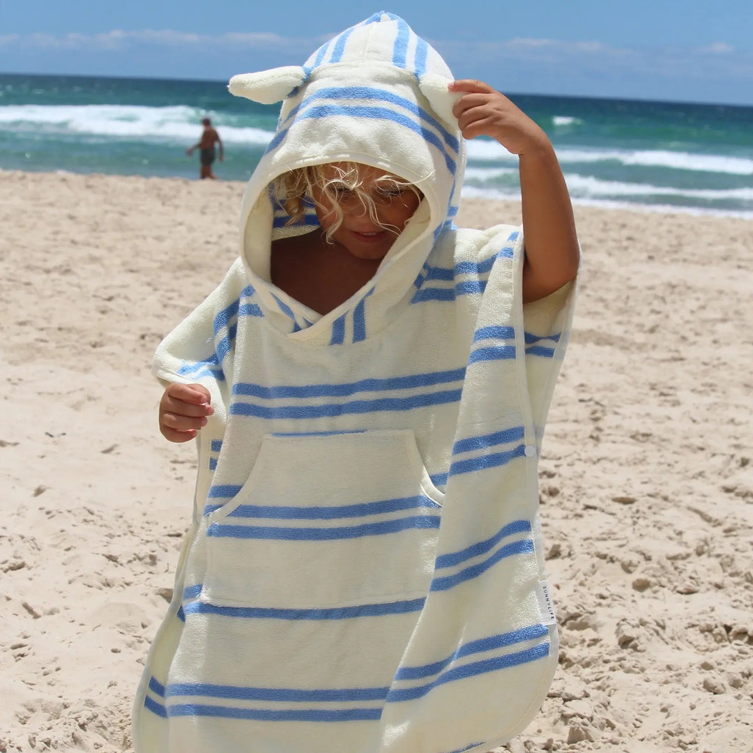 KIDS CHARACTER HOODED TOWEL SAMMY THE SEAGULL BLUE STRIPE - BeachLife Concept