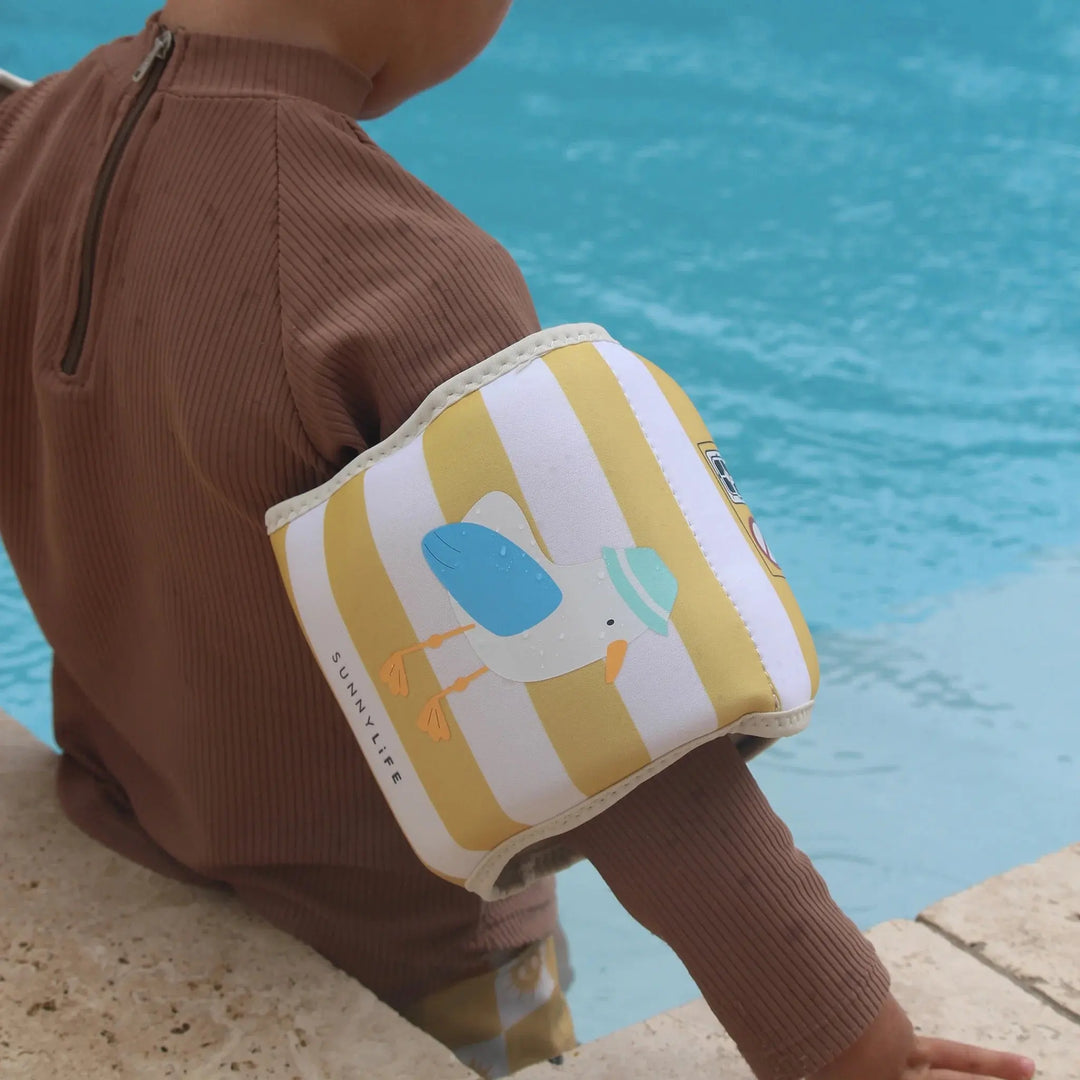 KIDS NEOPRENE ARM BANDS SAMMY THE SEAGULL MUSTARD STRIPE - BeachLife Concept