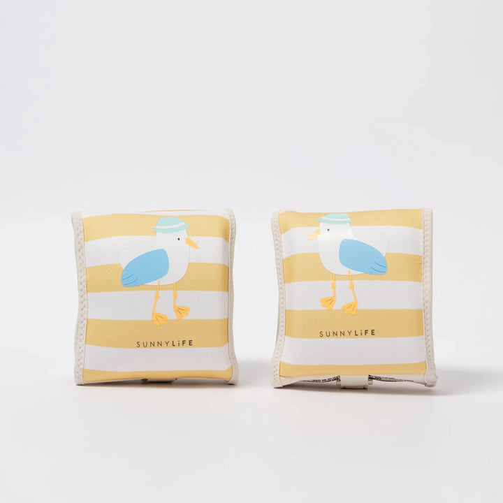 KIDS NEOPRENE ARM BANDS SAMMY THE SEAGULL MUSTARD STRIPE - BeachLife Concept