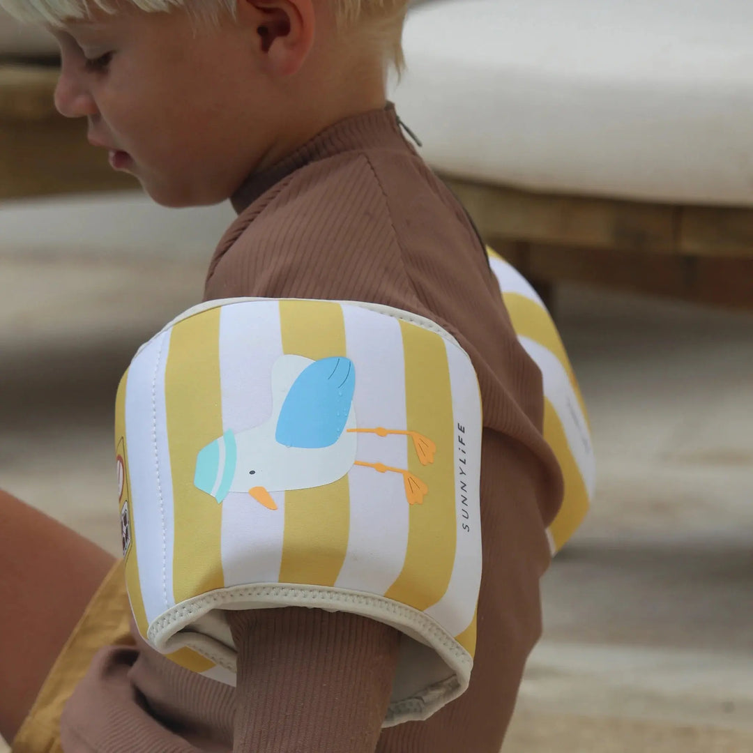KIDS NEOPRENE ARM BANDS SAMMY THE SEAGULL MUSTARD STRIPE - BeachLife Concept