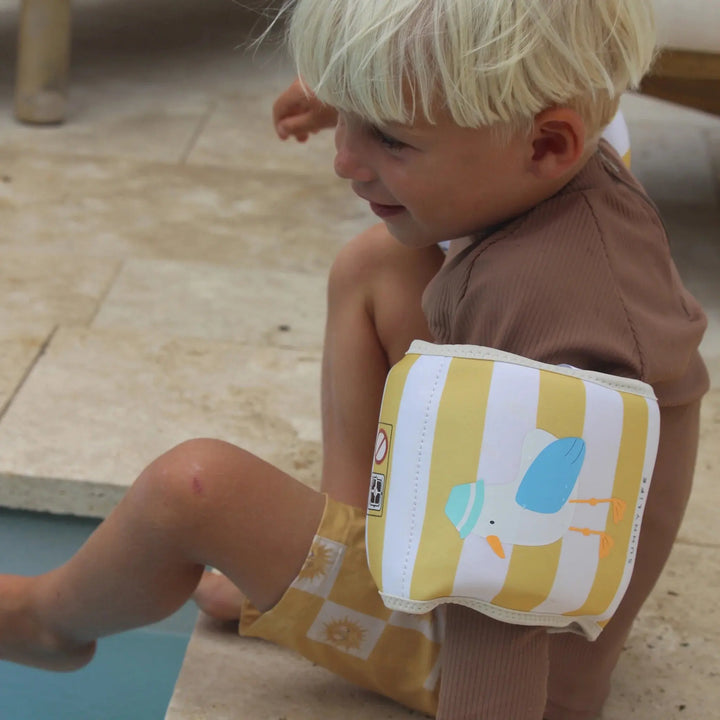 KIDS NEOPRENE ARM BANDS SAMMY THE SEAGULL MUSTARD STRIPE - BeachLife Concept