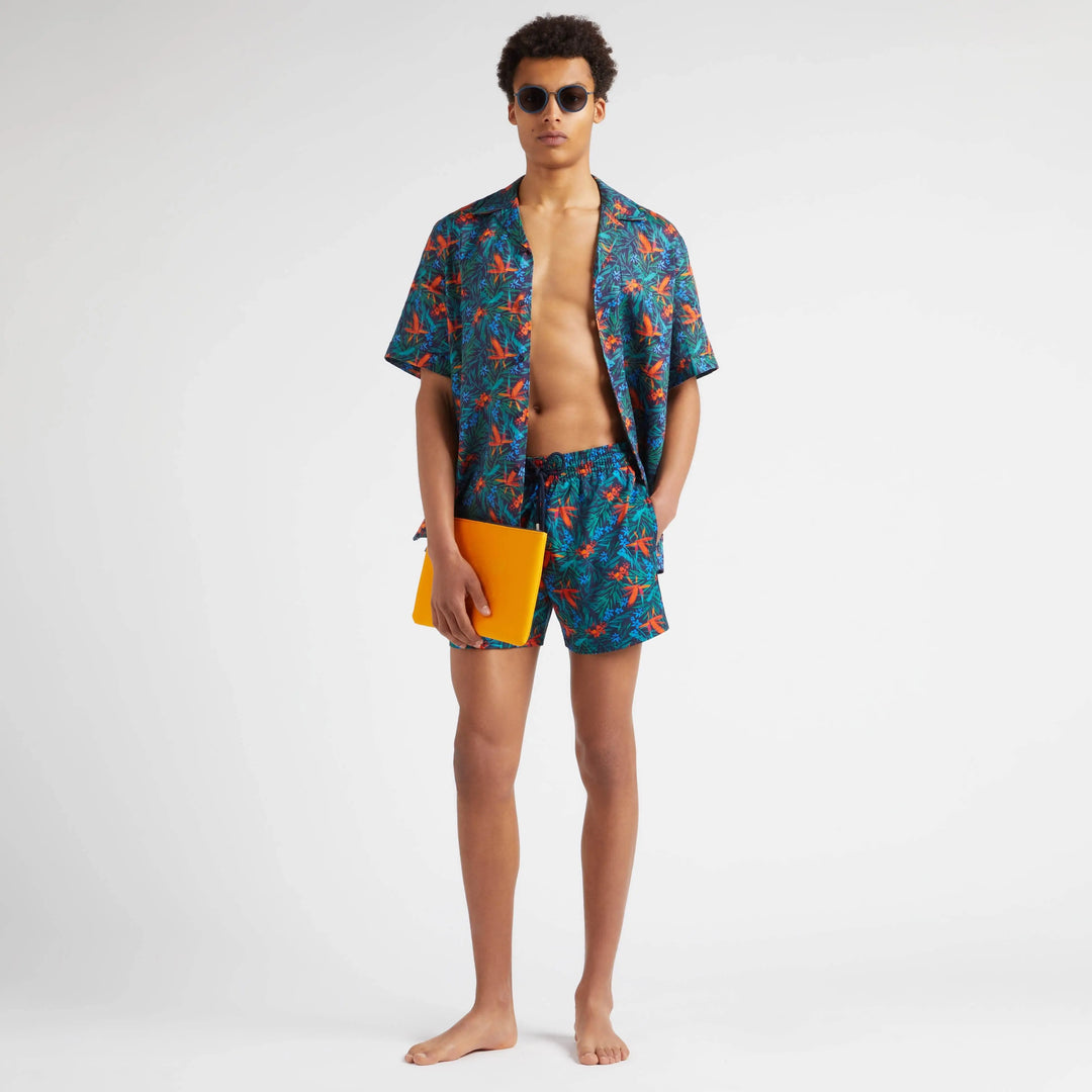 MAILLOT DE BAIN COURT STRETCH TROPICAL FLOWERS BLEU MARINE - BeachLife Concept