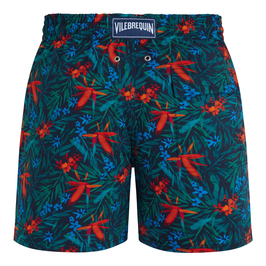 MAILLOT DE BAIN COURT STRETCH TROPICAL FLOWERS BLEU MARINE - BeachLife Concept