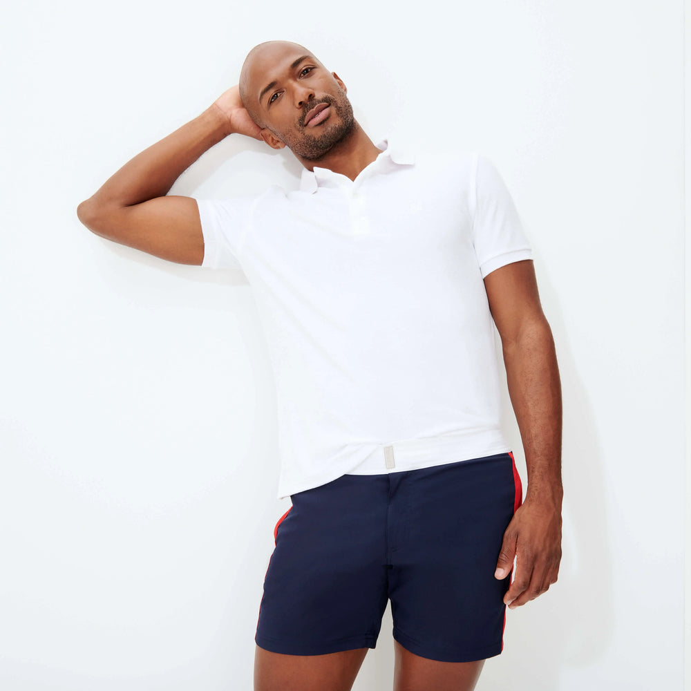 MAILLOT DE BAIN MERLE COURT STRETCH CEINTURE PLATE COLOR BLOCK BLEU MARINE - BeachLife Concept