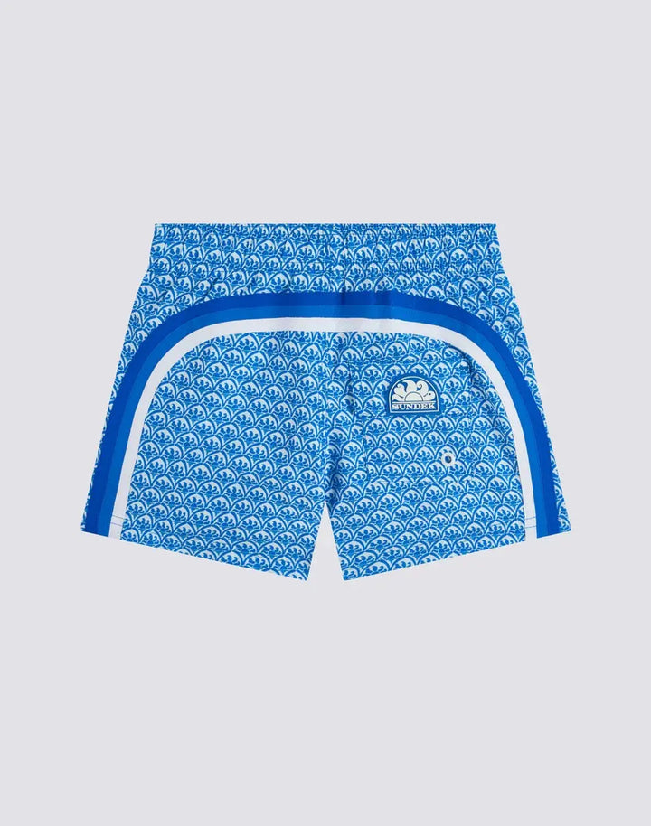SHORT SWIMSHORTS WITH ELASTICATED WAIST IN REPREVE® WITH MAJOLICA SUNSET PRINT SUNDEK