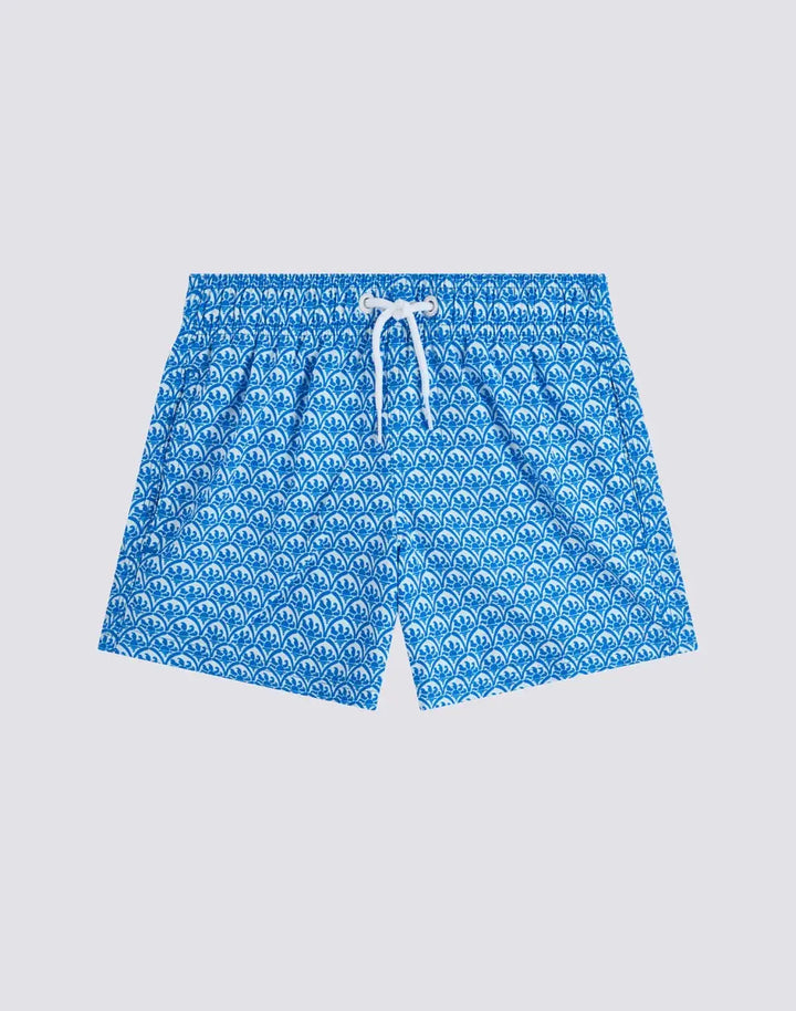 SHORT SWIMSHORTS WITH ELASTICATED WAIST IN REPREVE® WITH MAJOLICA SUNSET PRINT SUNDEK