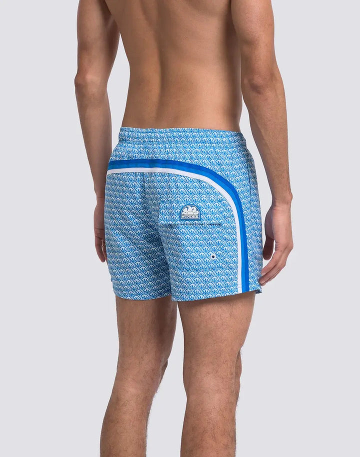 SHORT SWIMSHORTS WITH ELASTICATED WAIST REPREVE® RECYCLED POLYESTER WITH SUNSET MAIOLICA PRINT SUNDEK